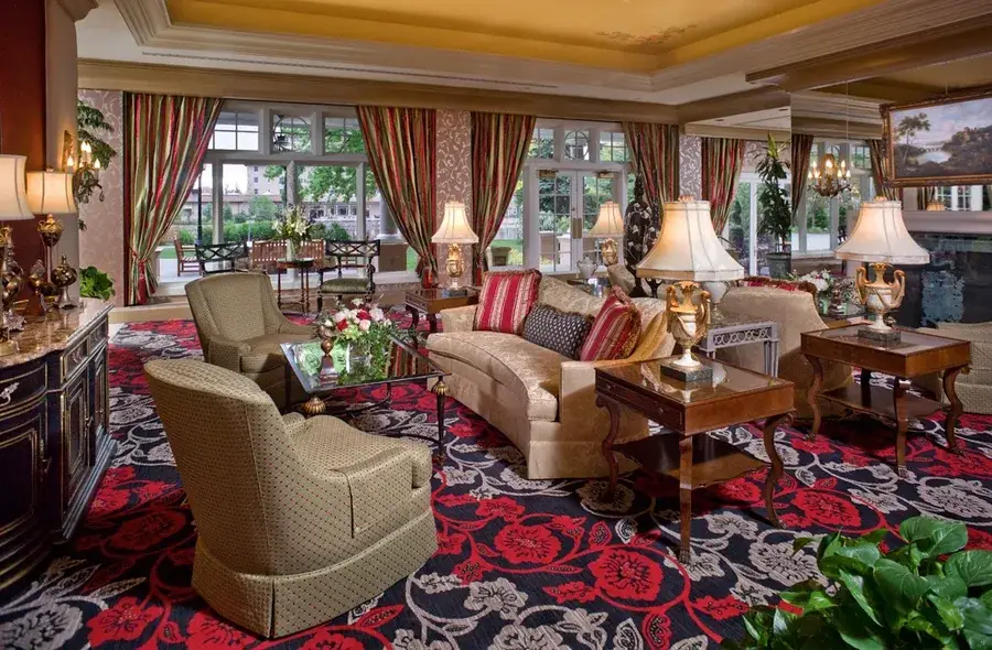Intricately decorated hotel lobby with decorative yet functional custom drapery.