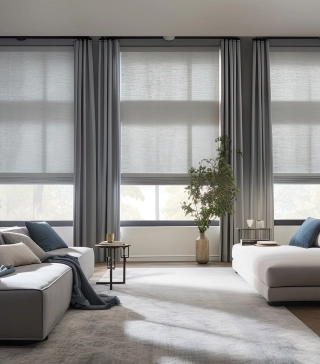Skyco Drapery Systems 6 Three sets of custom roller shades, mostly lowered over three windows.