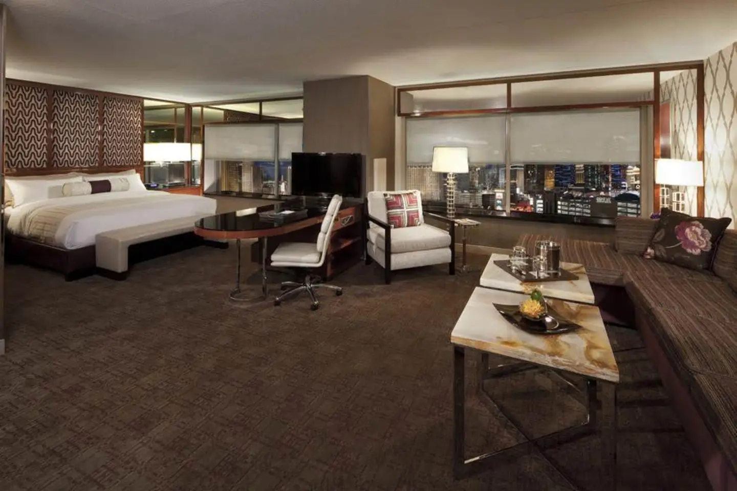 Suite at the MGM Hotel with roller shades over the bedroom windows.