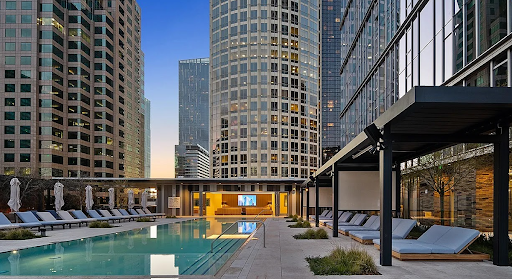 Stunning views of downtown LA from the poolside cabanas of Figueroa Eight.