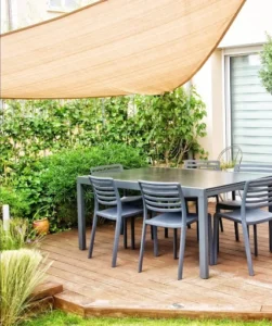 A stunning countryside patio complemented by effortless shading.