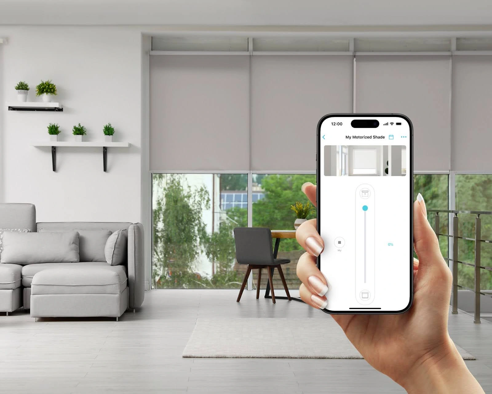 Close-up view of a motorized blind system.
