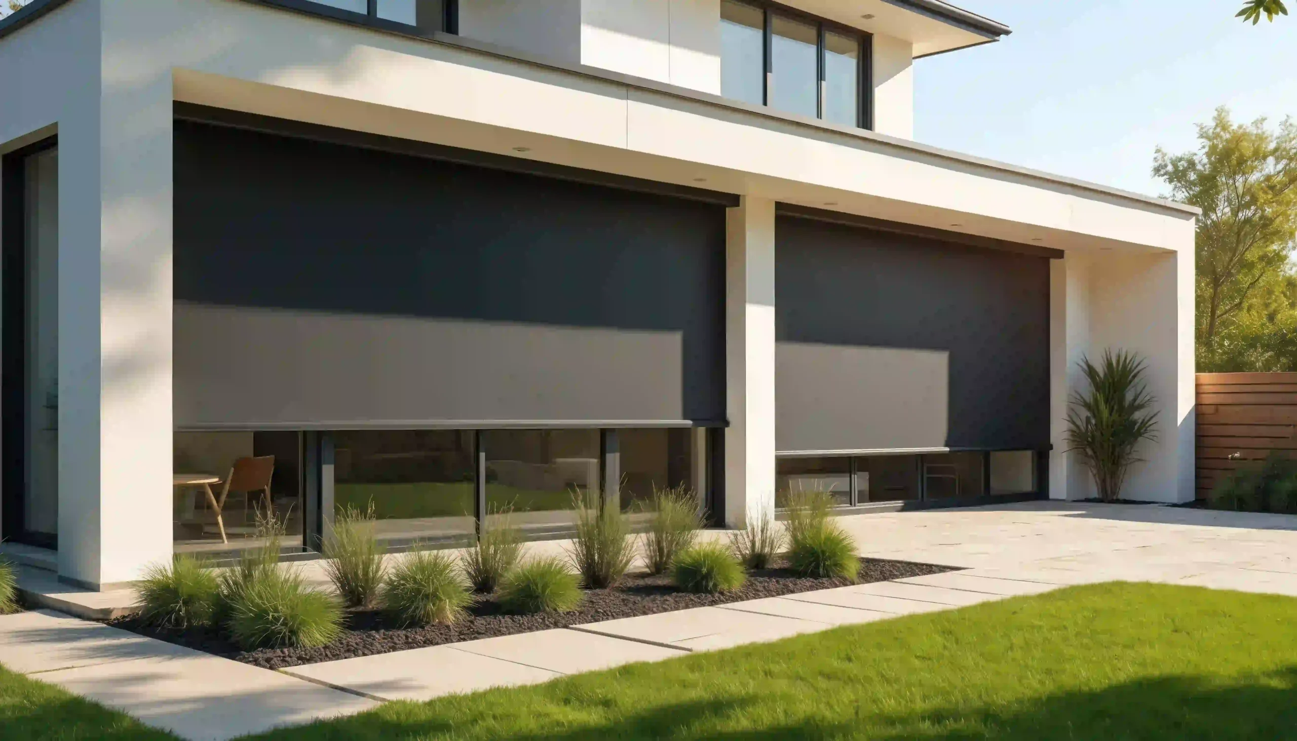 Exterior roller shades in action protecting a building from the sun.