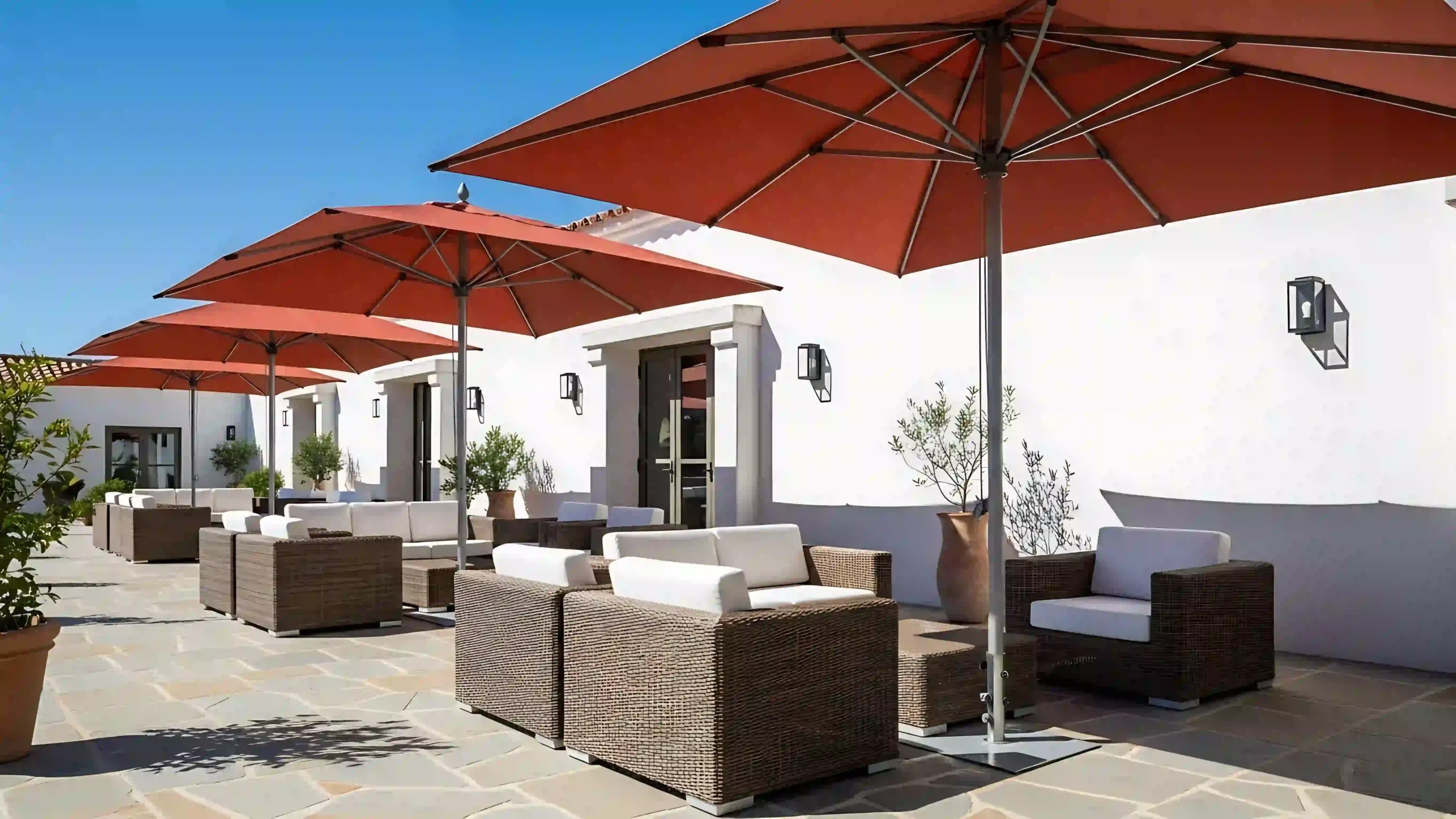Restaurant patio with ample shading from the elements.
