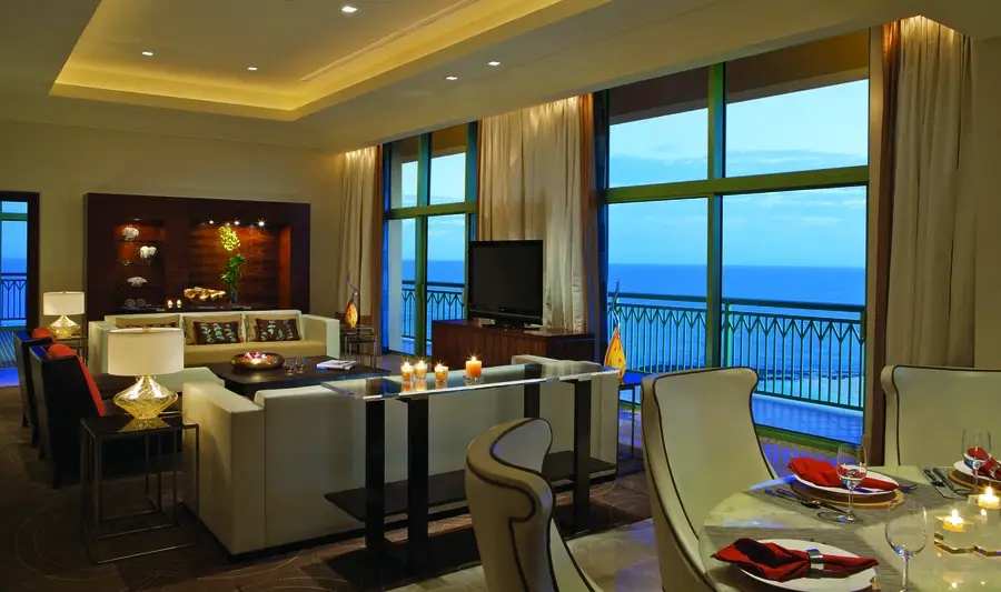 Living room in the penthouse suite of the Atlantis Resort. Custom drapes by Skyco.
