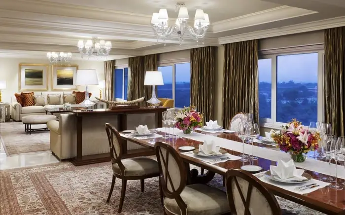 Dining room of a suite in the Palace Hotel. Skyco worked with this client to design and build the drapes.
