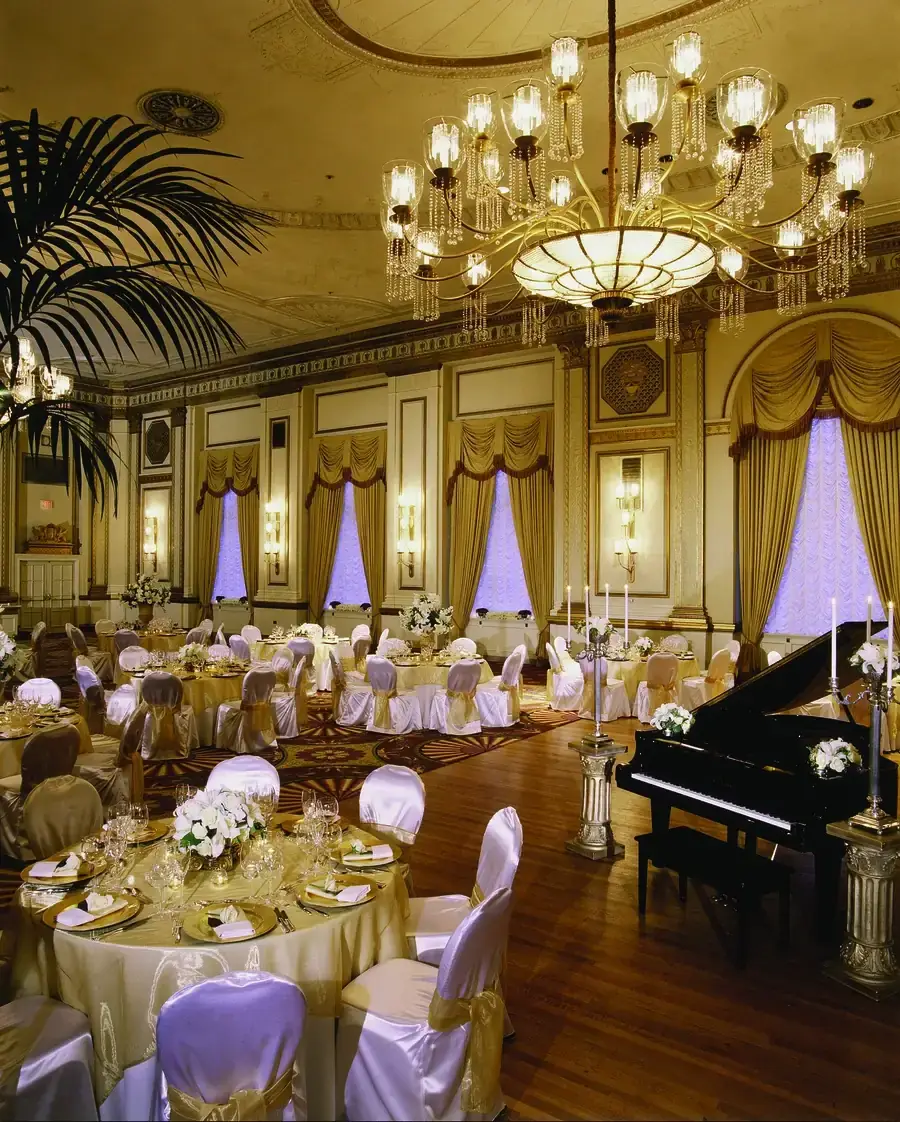 Ornate gala room with elaborate custom drapes.