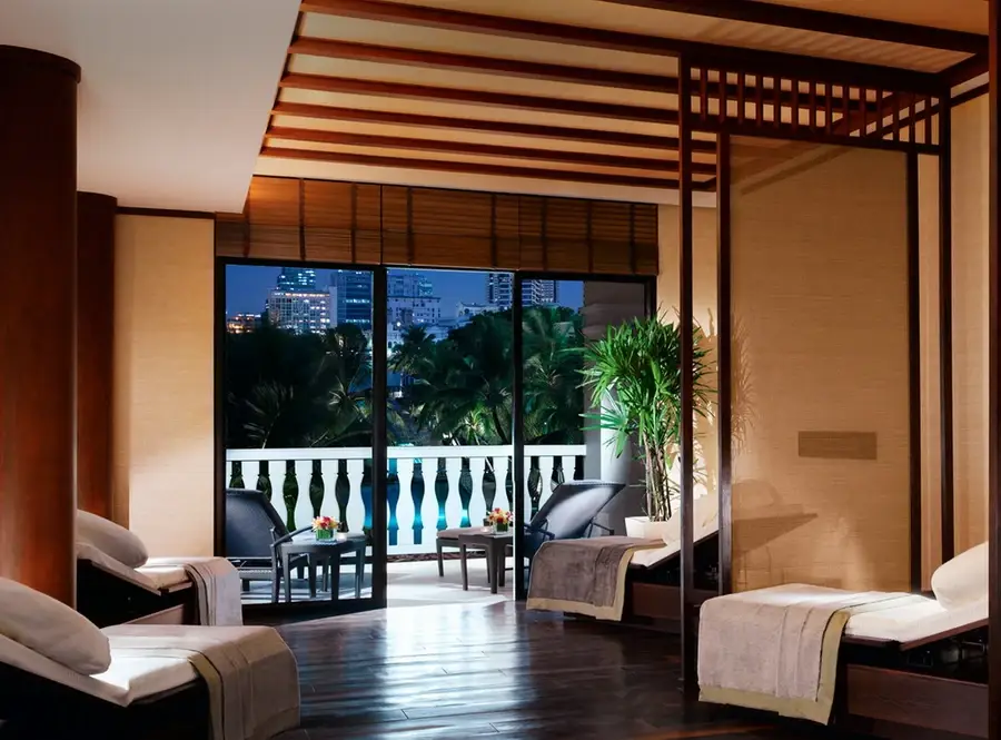 Bangkok hotel spa with floor-to-ceiling custom wooden blinds.