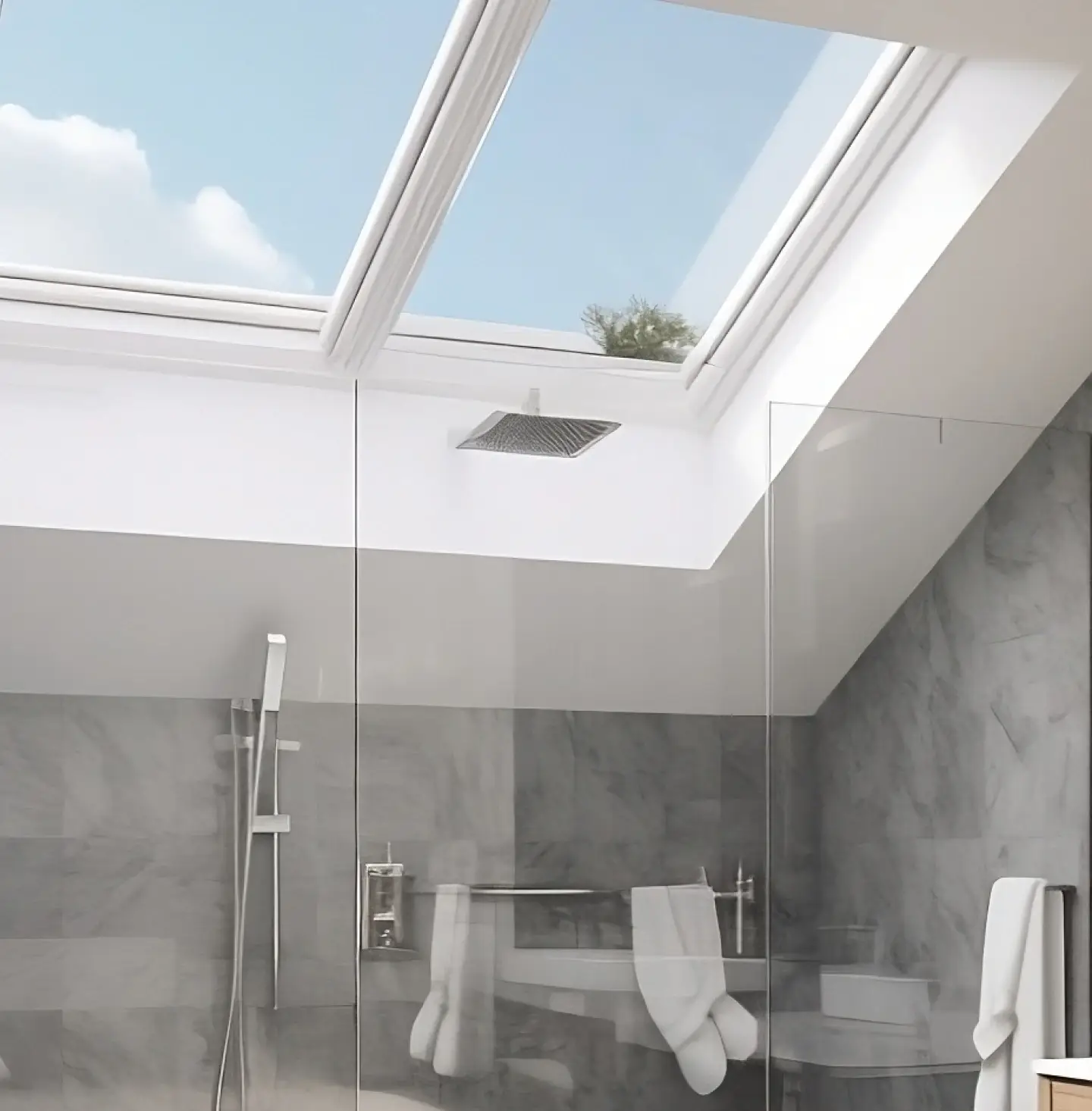 Large glass shower with full-ceiling skylight letting in light from above.